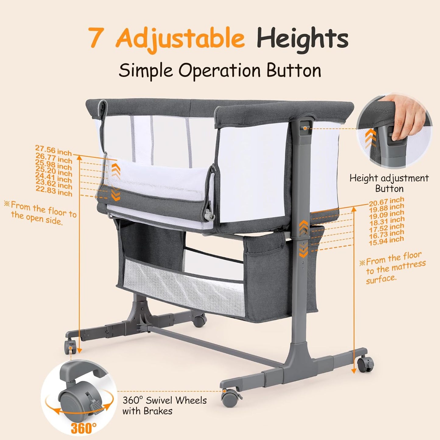 Ezebaby Portable Baby Bassinet – Adjustable Sleeper With Wheels & Storage